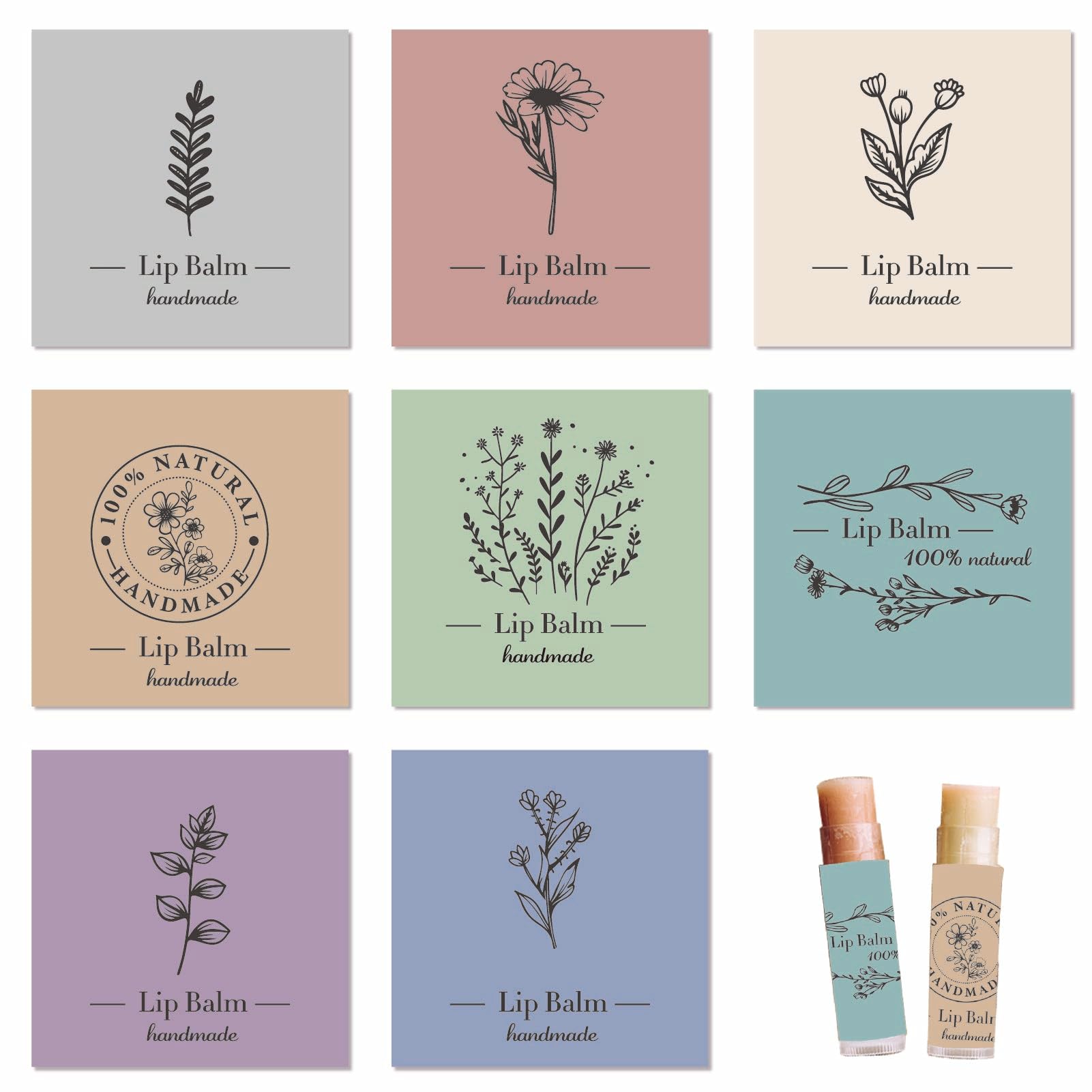 CRASPIRE 80Pcs 8 Styles Lip Balm Sticker Plants Solid Color Self-Adhesive Homemade Lip Balm Labels Vintage Square DIY Label Stickers for Lip Balm Containers Cosmetics Lipsticks