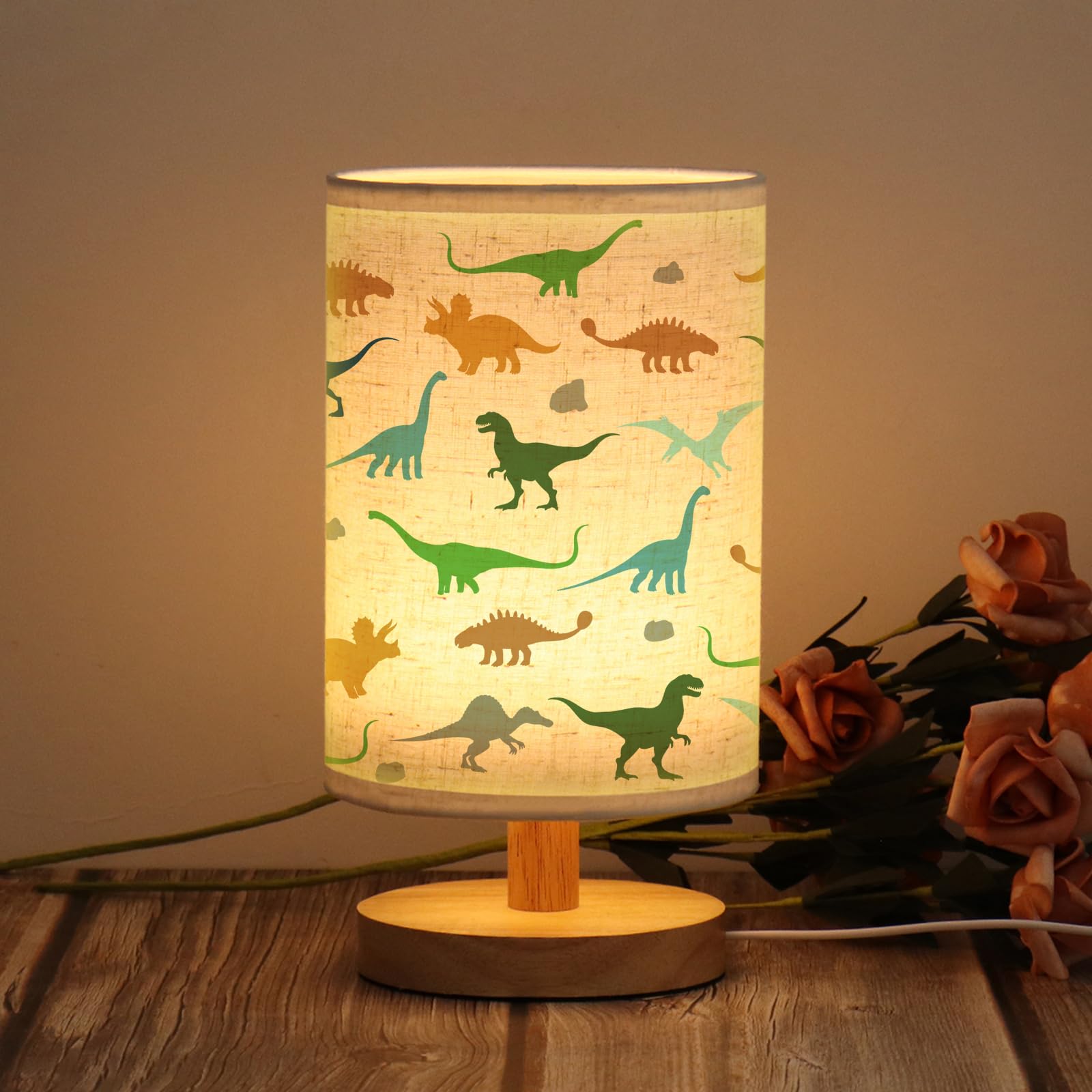 WSYEAR Dinosaur Kids Table Lamp for Bedroom Kids Bedside Lamp with Linen Wooden Nightstand Cartoon Nursery Lampshade for Girls Boys Living Room — image 1