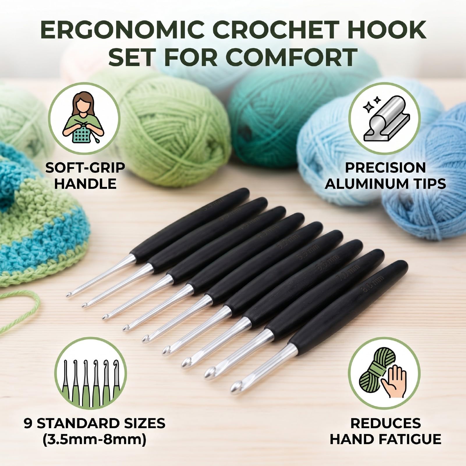 Zhjvihx Zestaw Ergonomicznych Szydełków, 9 Rozmiarów, Aluminiowe Druty Dziewiarskie o średnicy 3,5–8,0 Mm z miękką, antypoślizgową rączką, do Rękodzieła z Przędzy i dla Początkujących