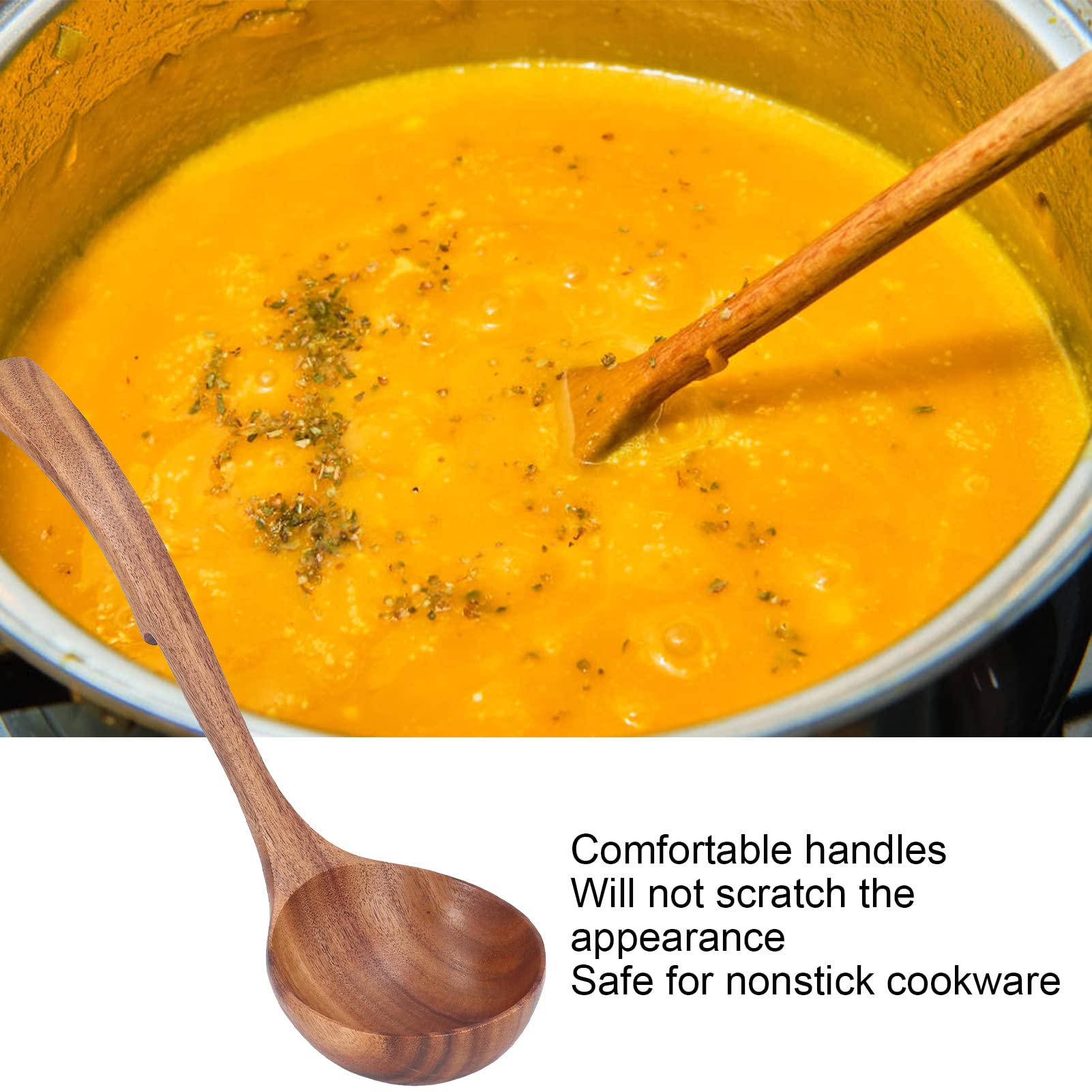 Gavigain Wooden Ladle 3 fl oz Long Handle Soup Spoon Kitchen Scoop Utensil for Serving & Cooking Large