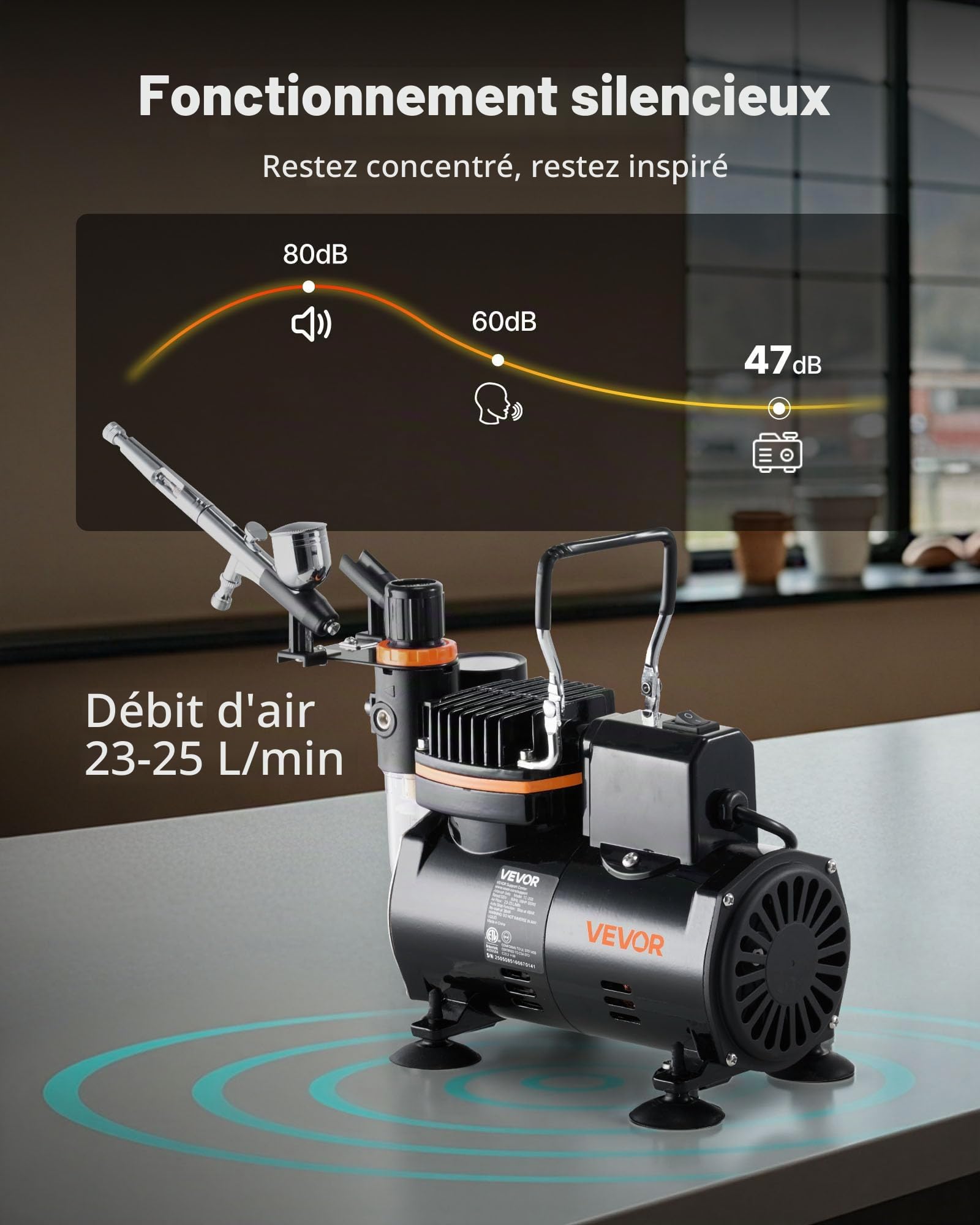 VEVOR Kit Aérographe avec Compresseur d’Air 1/6 HP, Compresseur Aérographe Professionnel à Double Action, avec 1 Pistolet, 3 Buses, Tuyau,1 Kit de Nettoyage, Décoration Pâtisserie Onglerie Modélisme