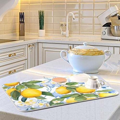 Miniatura 6 de Tapete de secado de platos de acuarela, limones y flores, de 16 x 18 pulgadas, de microfibra, reversible, para secar platos, accesorios de cocina