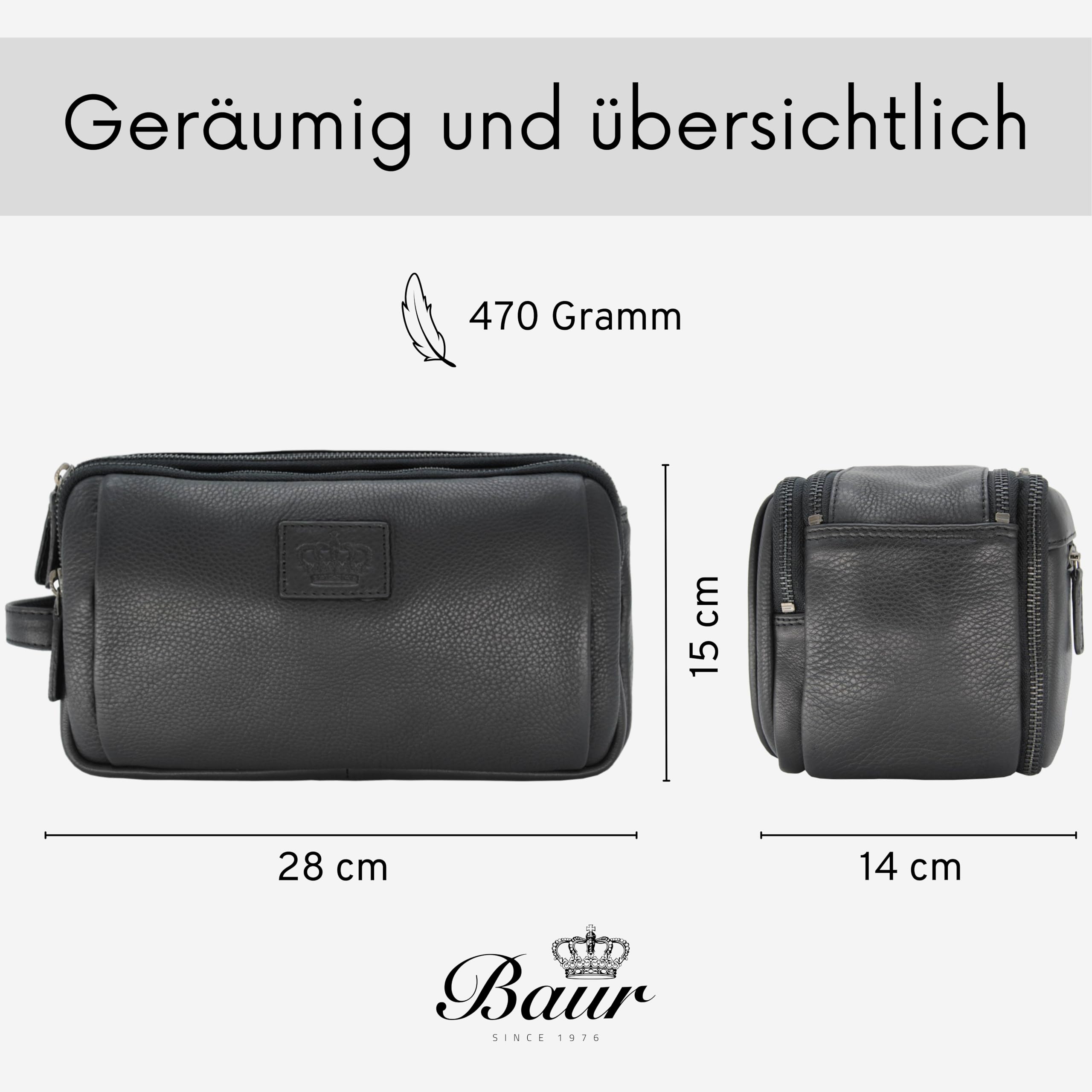 Baur Kulturbeutel aus echtem Leder – Große Toilettentasche mit viel Platz – Kulturtasche für Damen und Herren (Rindsleder Schwarz)