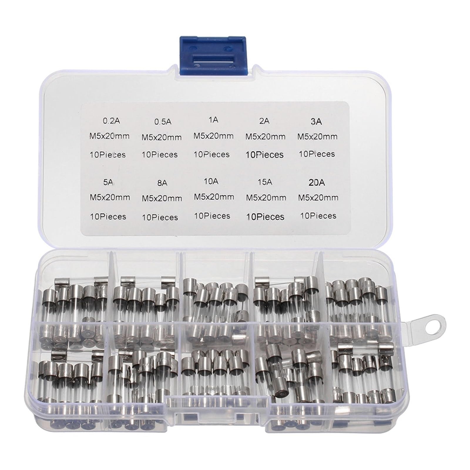 Kit assortito di fusibili a tubo vetro da 100 pezzi, ampere 0,2 A-20 A, a fusione rapida, 250 V, confezione con scatola immagazzinaggio