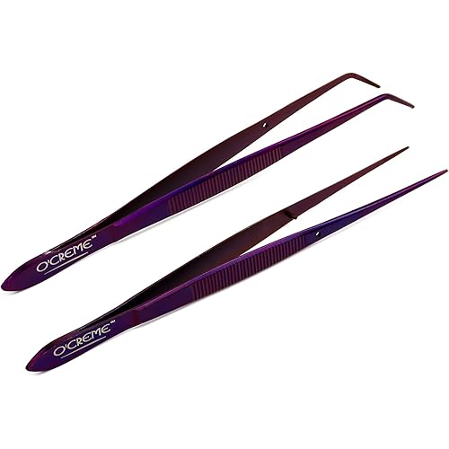 O'Creme Purple Stainless Steel Precision Kitchen Culinary Fine-Tip Tweezer Tongs, 1 with Curved Tip and 1 with Straight Tip