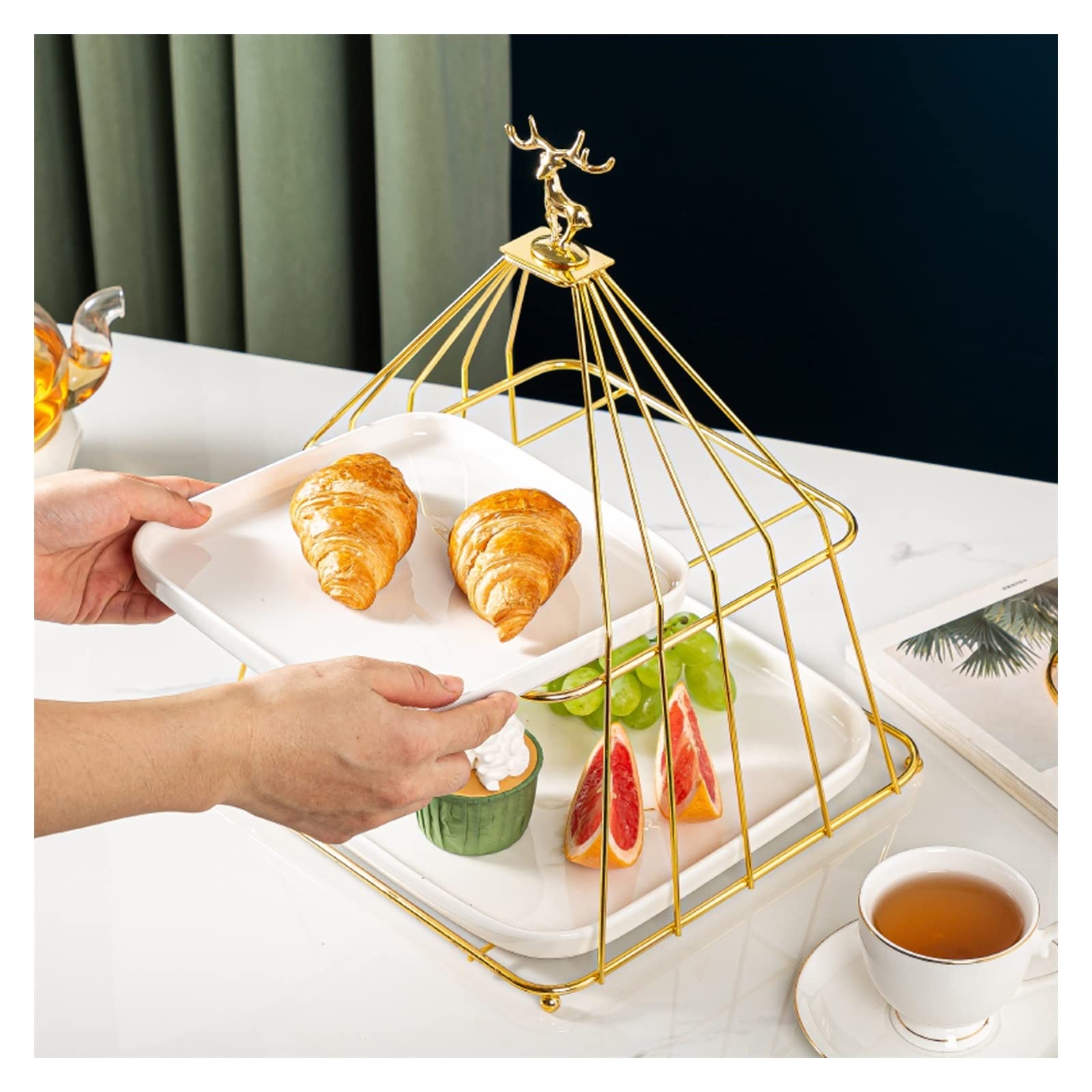 Alzata per torte multistrato in ceramica con ripiano in ferro - Elegante espositore per dessert bianco per pasticcini, frutta e caramelle (formato grande)