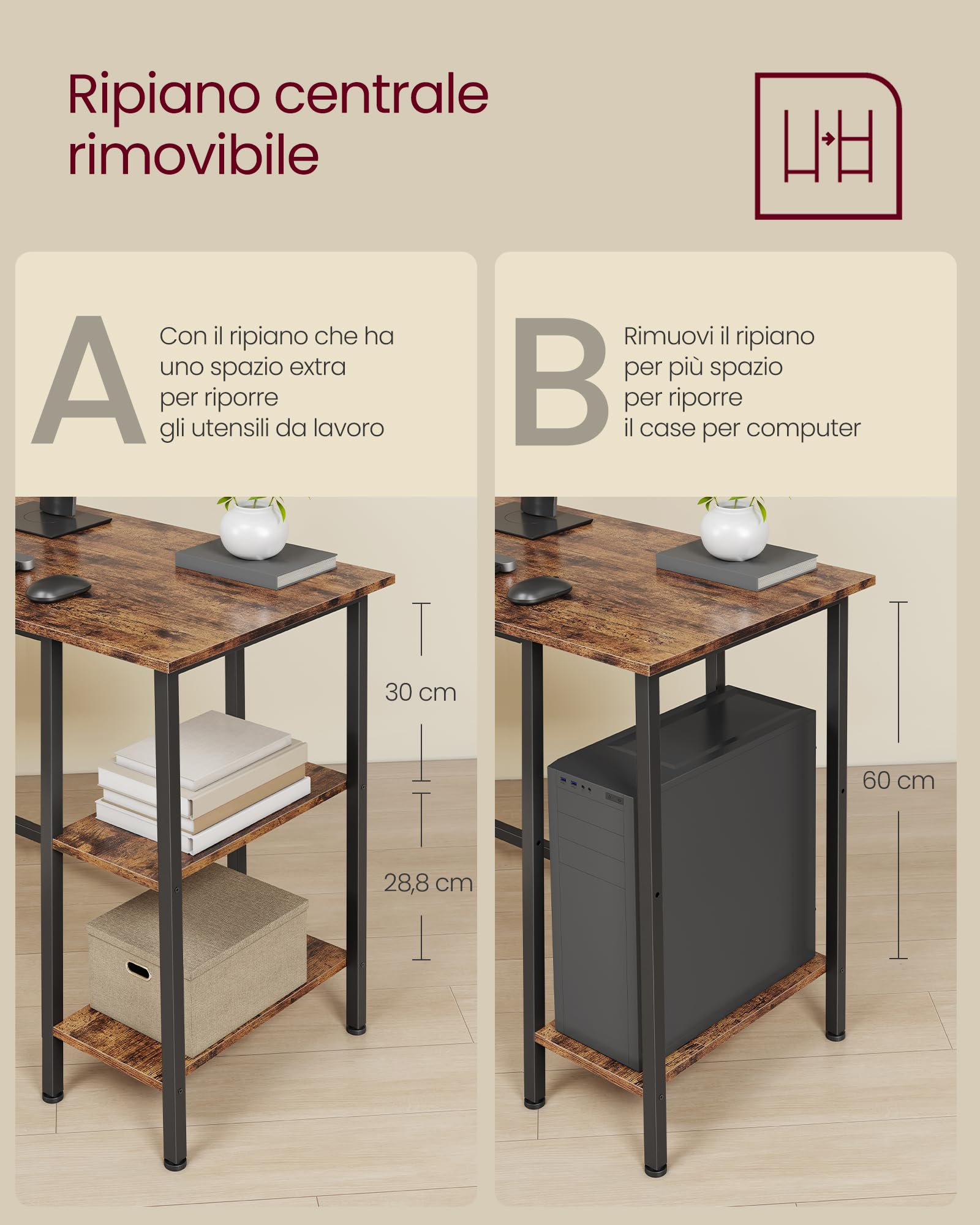 VASAGLE Scrivania per Computer a Forma di L, 138 x 138 x 76 cm, Scrivania ad Angolo con 2 Ripiani, per Ufficio Studio, Marrone Vintage e Nero LWD72X
