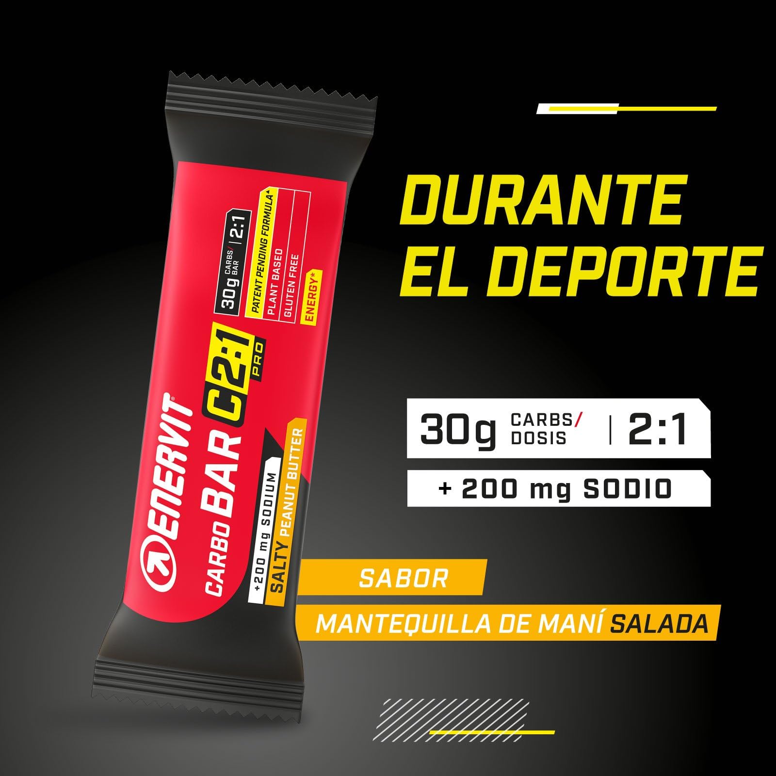 Enervit Carbo Bar C2:1PRO Salty Peanut Butter, Barrita Energética, 30g Carbohidratos, Manteca de Cacahuete, Deportes de Resistencia,+50% Carbohidratos Absorbidos, Sin Gluten, Vegan, 30 Barritas de 45g