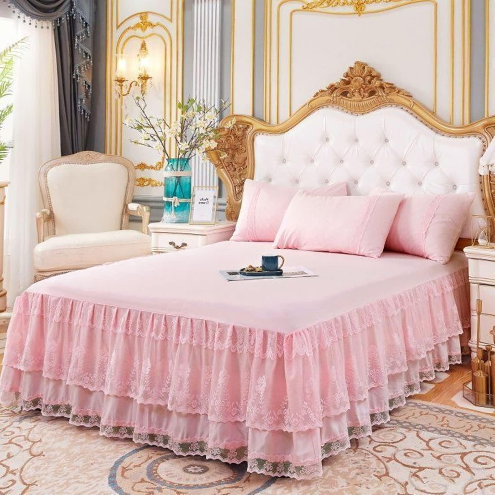 Faldón para cama de 135x200 cm KnSam gris con fundas almohada juego de 3 piezas elástico