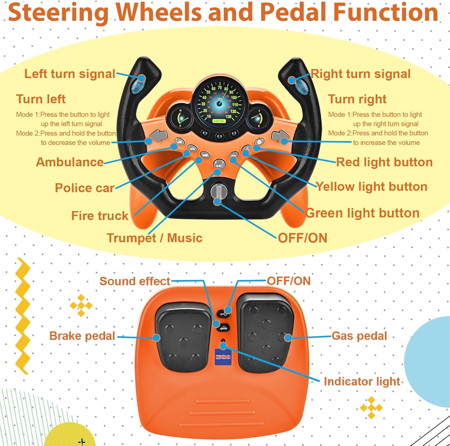 RedCrab Steering Wheels with Brake and Gas Pedals Toy for Kids,Pretend Driving Seat Toys with Light and Music,Simulated Driving for Toddlers,Baby Electric Early Learning Educational Toys (Orange)