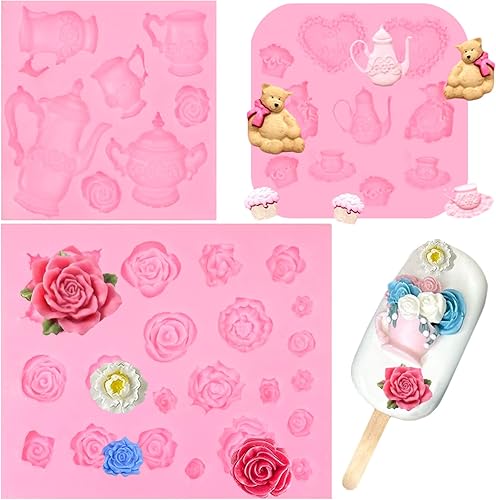 Molde de silicona para tartas de fiesta de té, 3 piezas, moldes para tazas de té, moldes de fondant, moldes de rosa y chocolate para decoración de
