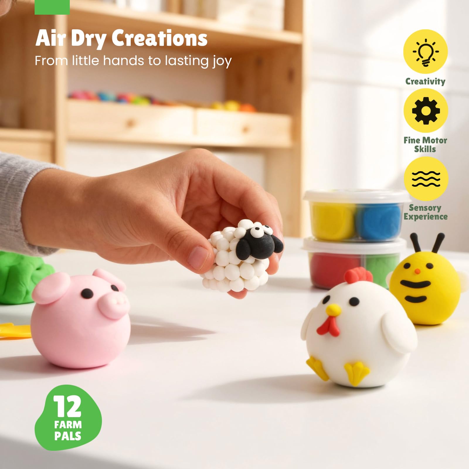 Air Dry Clay for Kids, Air Dry Clay Kit 12 Cans with Sculpting Tools and Tutorials, Soft, Safe and Non-Toxic Modeling Clay for Kids, Magic Molding Clay Set for Boys & Girls Crafts
