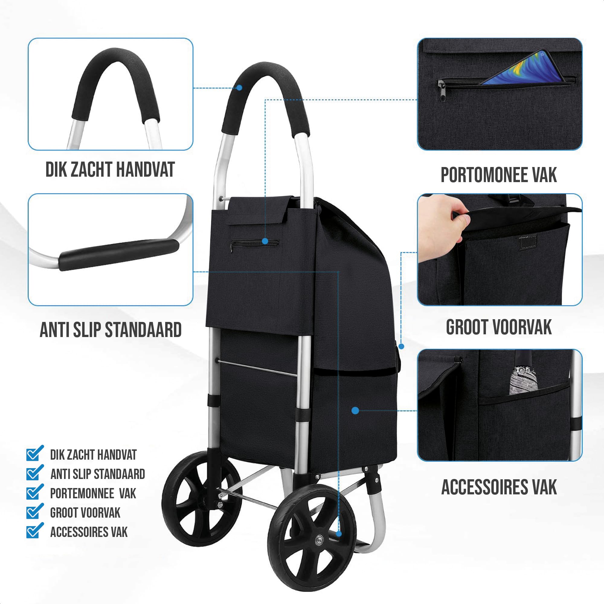 Strex Trolley della spesa con Ruote - Pieghevole - Borsa della spesa rimovibile - Carrello della spesa
