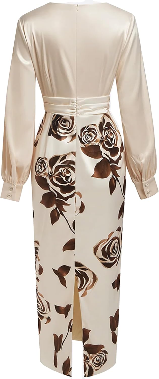 Women's Long Sleeve Satin Floral Bodycon Maxi Dress V Neck Elegant Party Wedding Guest Long Dresses - Image 6