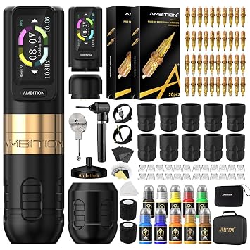 Tattoo Kit-Ambition Zetton Wireless Tattoo Machine Pen Kit Complete with Extra 2400mAh Power 40pc Cartridge Needles Bandage Gloves Ink Mixer Ink Disposable Grip for Professional Tattoo Artists