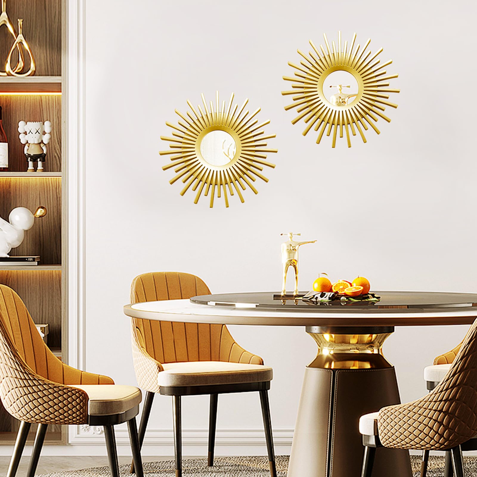 2 Piezas Espejo Redondo Sol Dorado de Metal Decoración de Pared de Metal Espejos Pequeños Decorativos para Sala de Estar, Dormitorio, Oficina, Galería de Balcones
