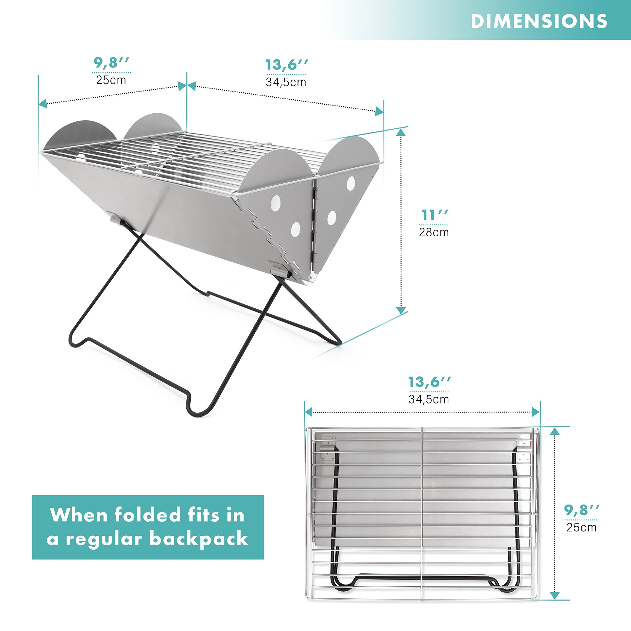 Vaygway Flatpack Przenośny składany grill ze stali nierdzewnej i palenisko – wysokiej jakości przenośny grill podróżny – grill na węgiel drzewny – na kemping, wędrówki, pikniki i zajęcia na świeżym powietrzu