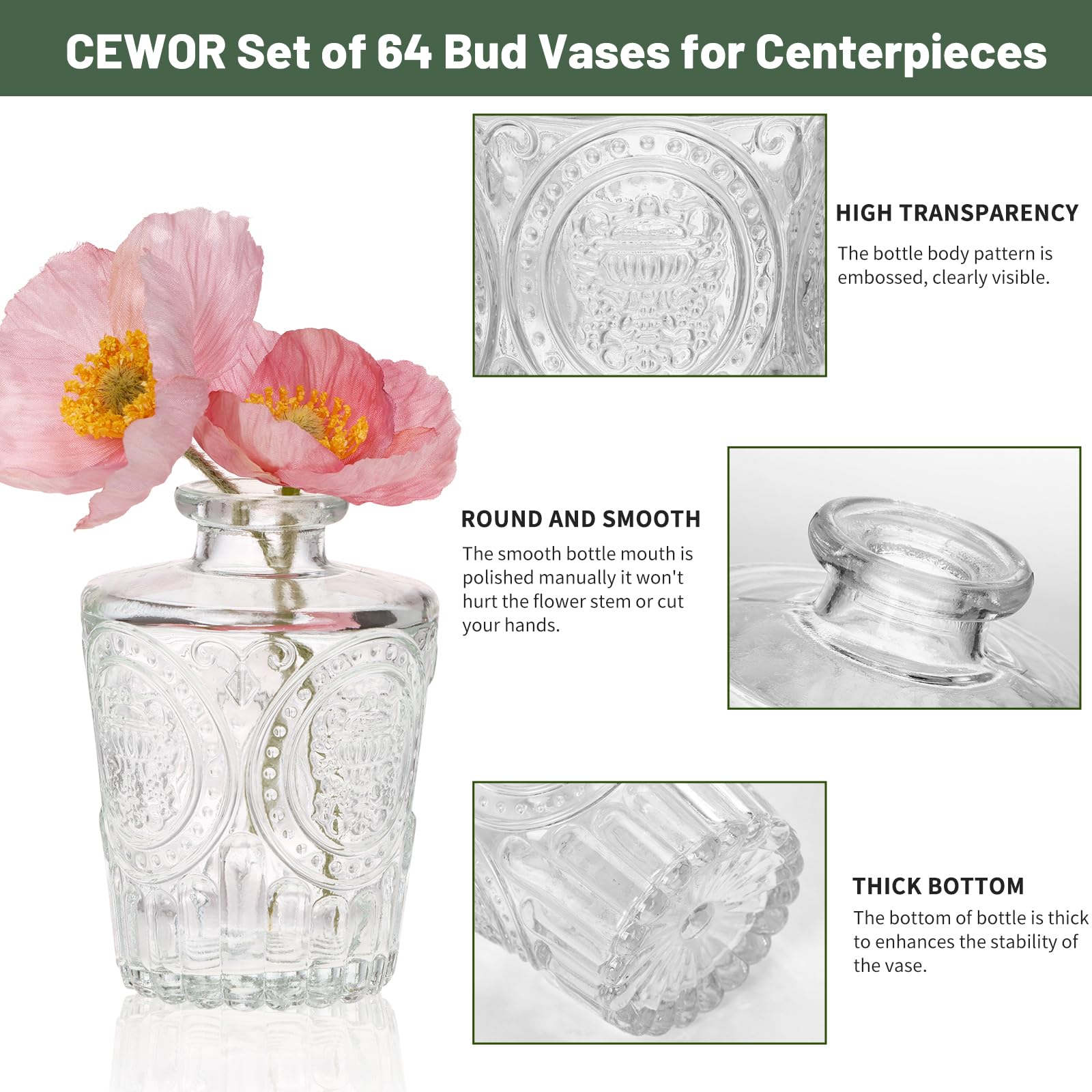 CEWOR Jarrones de cristal a granel, juego de 64 jarrones pequeños para centros de mesa, jarrones de flores para flores a granel para decoración rústica de mesa de boda y hogar