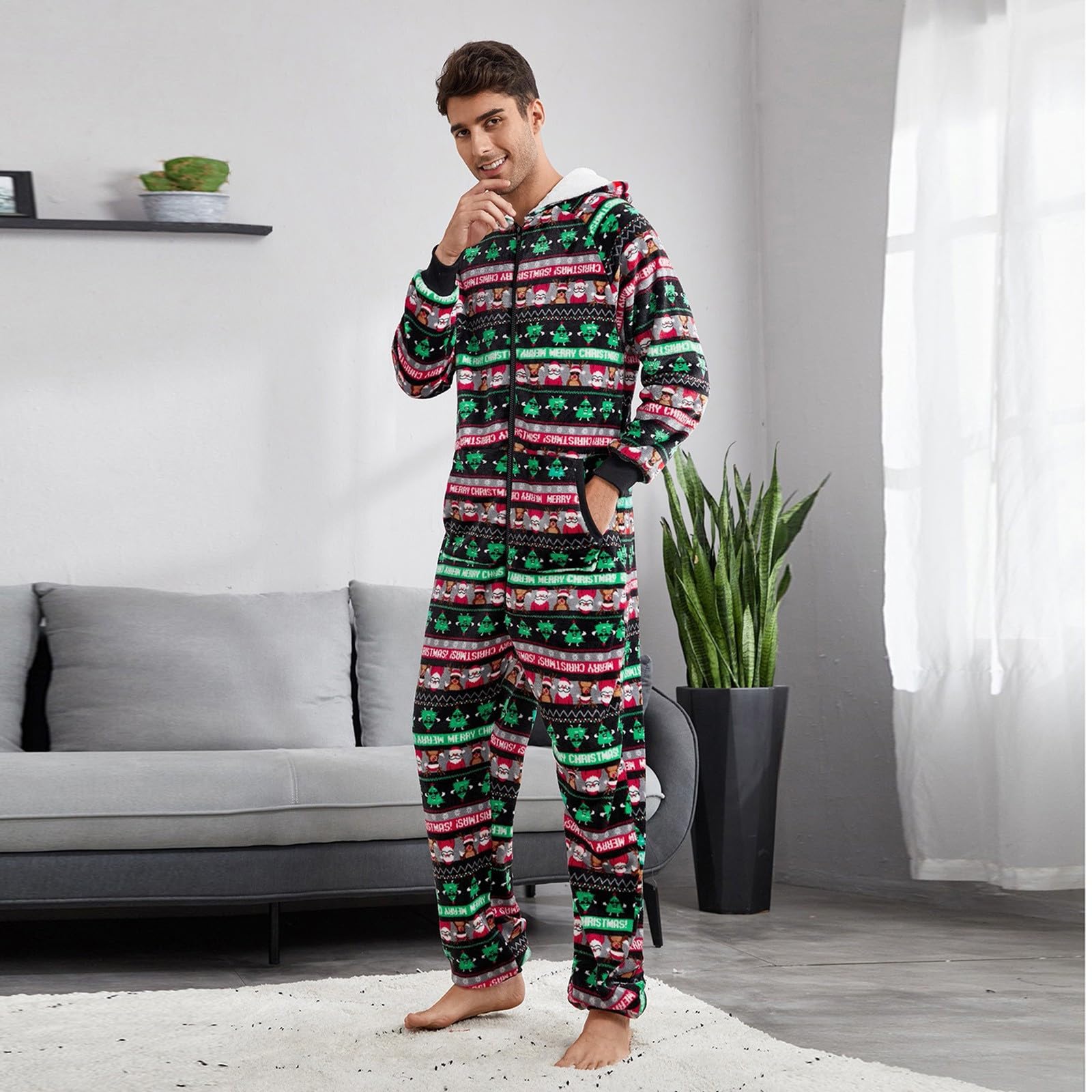Genérico Pijama Hombre Navidad Franela Forrado Estampado Holgado Manga Larga con Bolsillos