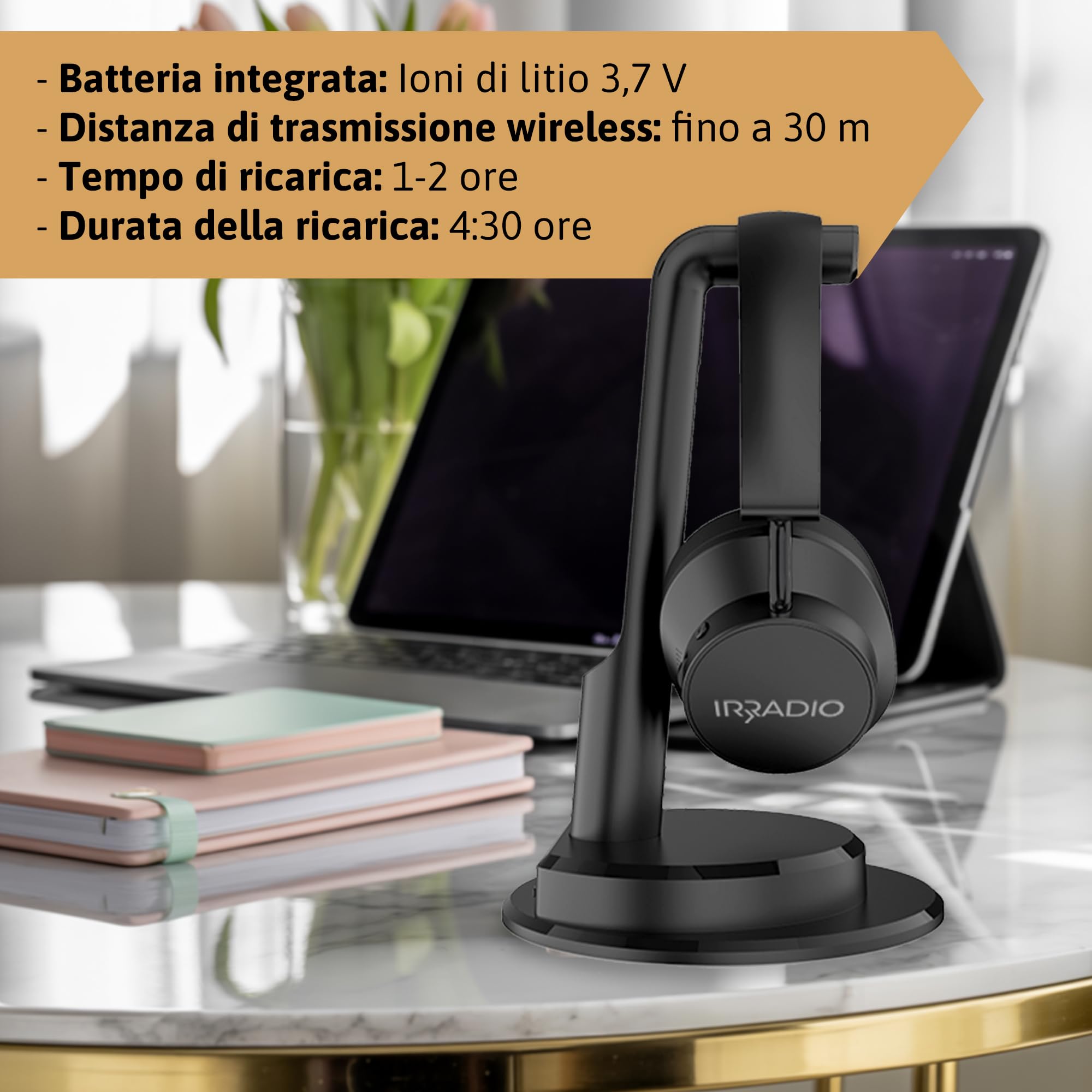 IRRADIO IR-SIGMA PLUS, Set cuffia Wireless BT per TV, Musica e Gaming. Audio Immersivo, Equalizzazione Selettiva, Modalità BT o Cablata, Ascolto Condiviso, Distanza di Trasmissione fino a 30m