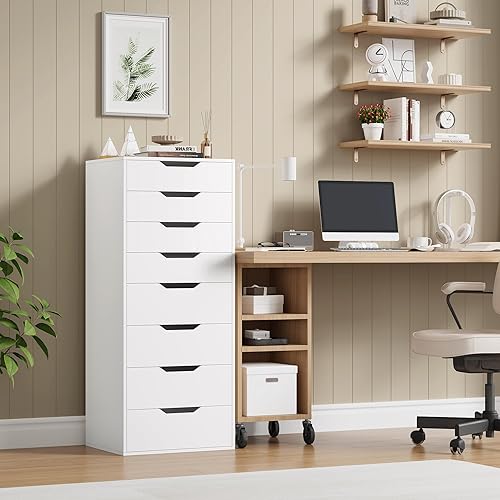 Miniatura 7 de FACBOTALL Cómoda blanca alta, cómoda de 8 cajones con asas ranuradas, cómodas altas blancas, cómoda moderna con gran espacio de almacenamiento para