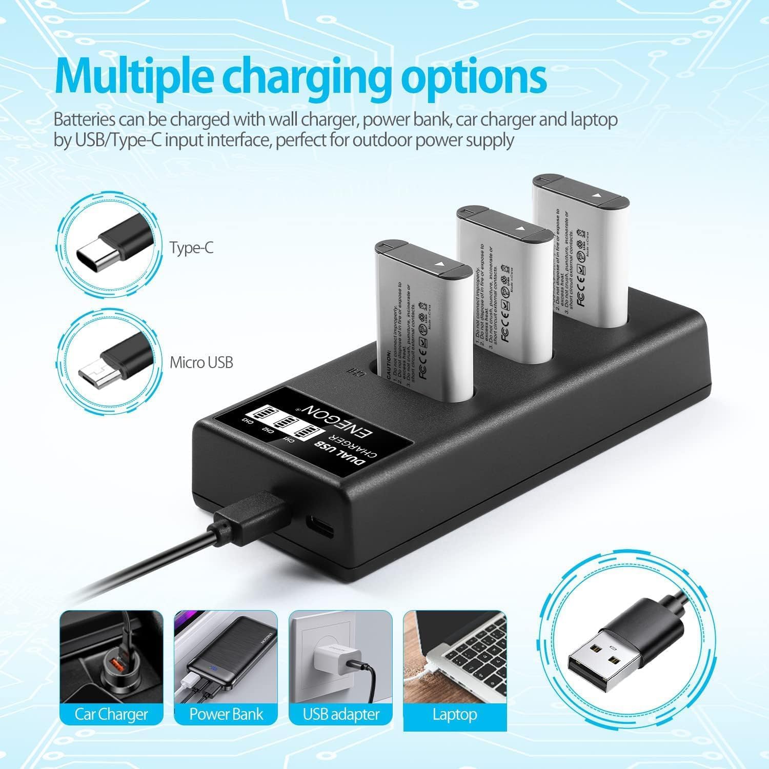 ENEGON NP-BX1 Lot de 3 Batteries 1300 mAh et Chargeur LCD pour Sony NP-BX1 et Sony ZV-1, Cyber-Shot DSC-RX100, DSC-RX100 II/III/M4/M5/M6/M7////VA, DSC-RX100M II, HDR-CX44