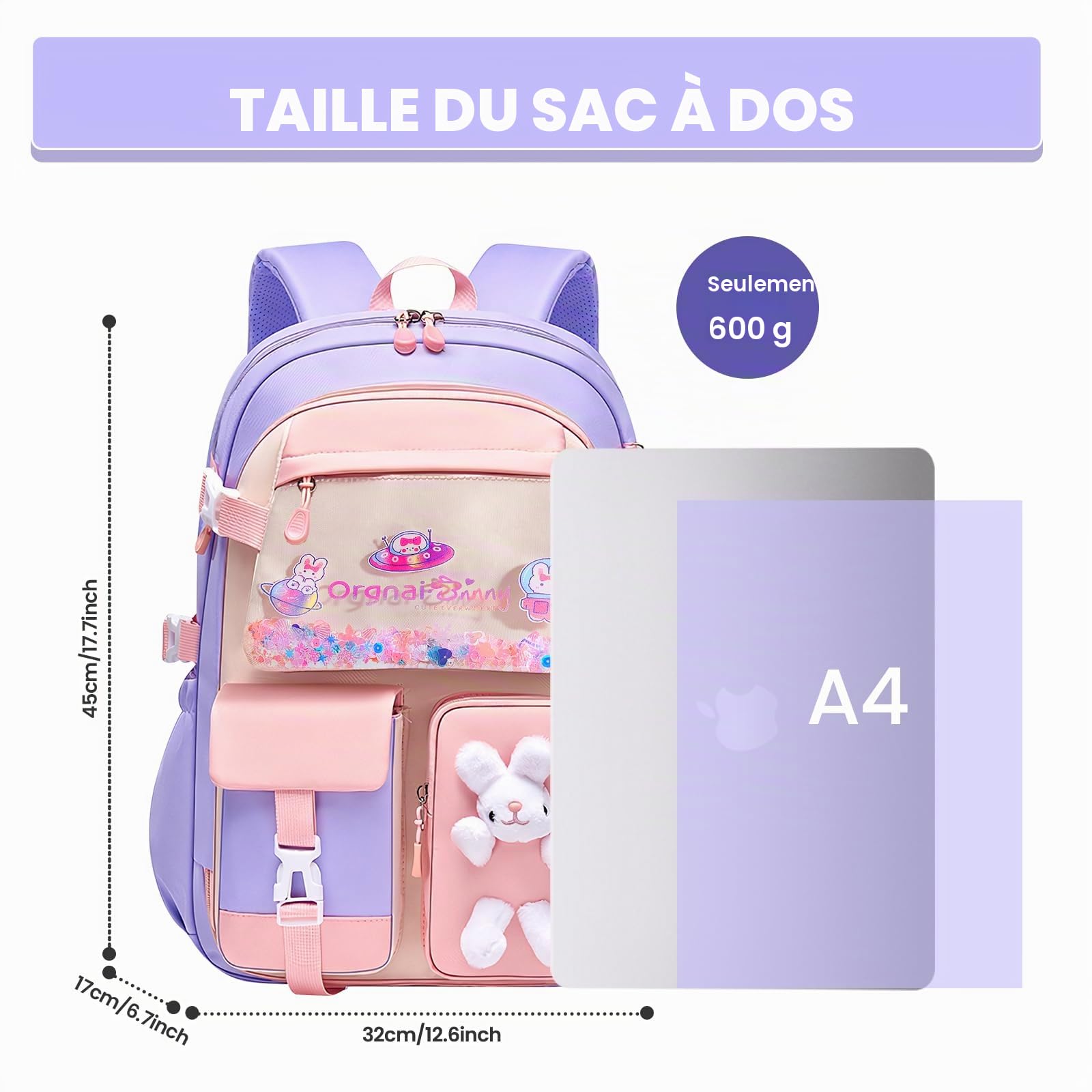 Amythe Cartable Filles Primaire CE1-CM2 Léger Sangle de Poitrine Violet