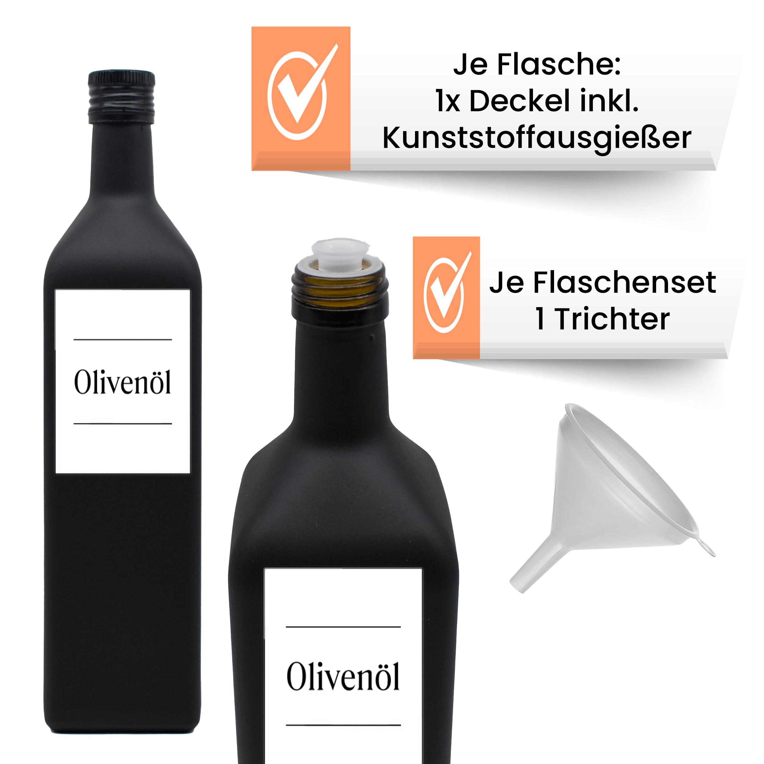 Generisch Ölflaschen 1 Liter schwarz-matt zum Befüllen mit Edelstahl-Ausgießer - wasserfeste Etiketten - Made in Germany - mit Deckel - langlebig (Ausgießer)