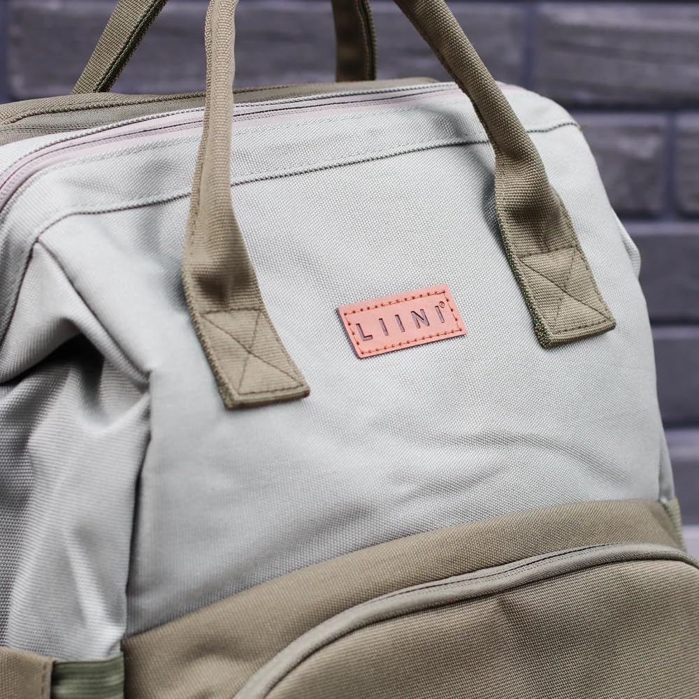 LIINI® Wickelrucksack Olive rPET – 29L Wickeltasche Rucksack aus recycelten PET-Flaschen, wasserfächer für nasse Kleidung, isolierte Flaschenfächer, inkl. Wickelunterlage & Kinderwagenhaken