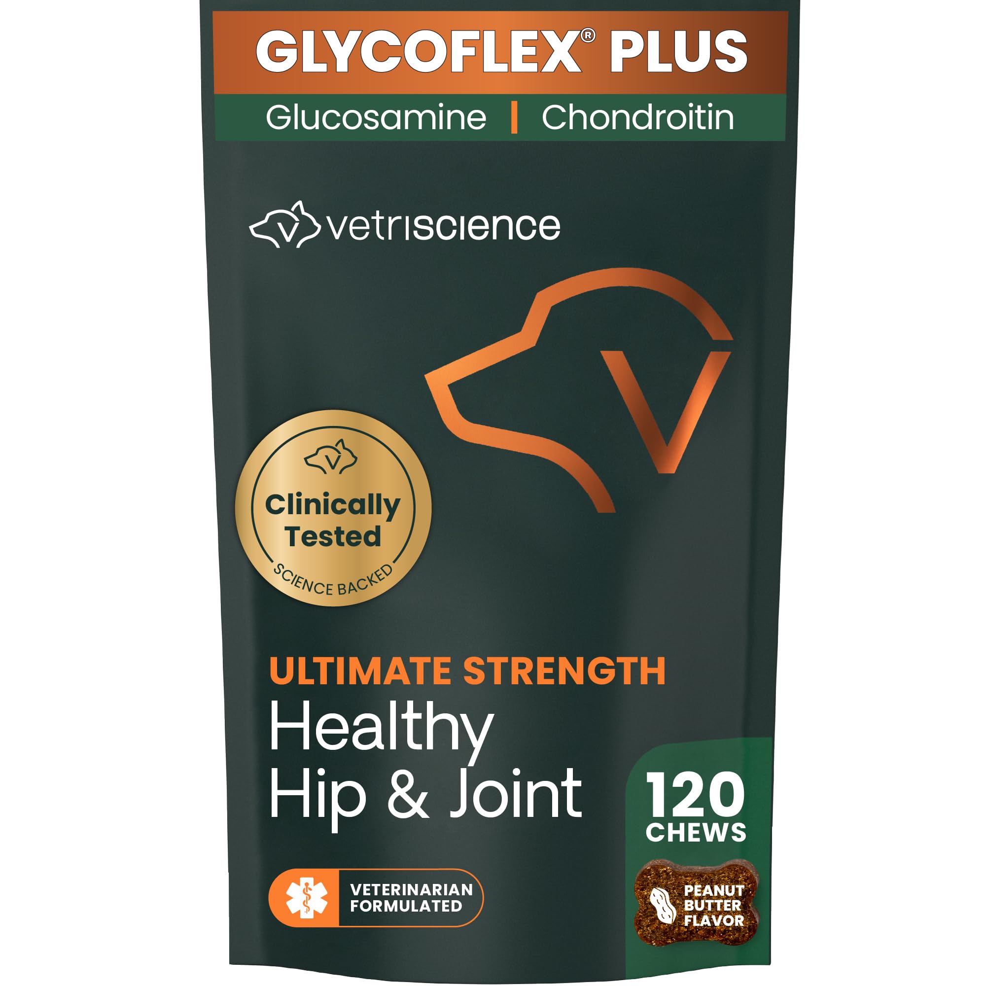 VetriScience Ultimate Strength Hip & Joint Supplement for Dogs, GlycoFlex Plus – MSM, Chondroitin & Green-Lipped Mussel Chews for Mobility, Flexibility, Comfort & Support, Peanut Butter Flavor 120 Cnt