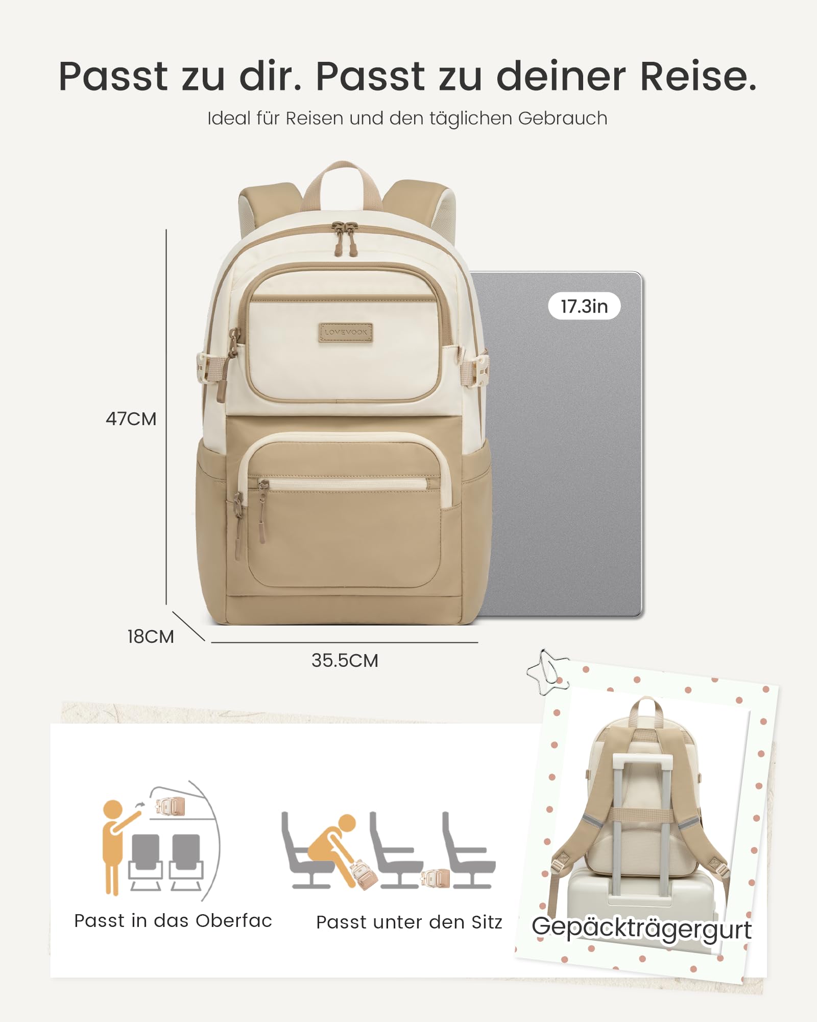 LOVEVOOK Zaino da donna, 15,6 pollici, per la scuola, per adolescenti, con grande scomparto, 1-cachi-beige, L, Casual