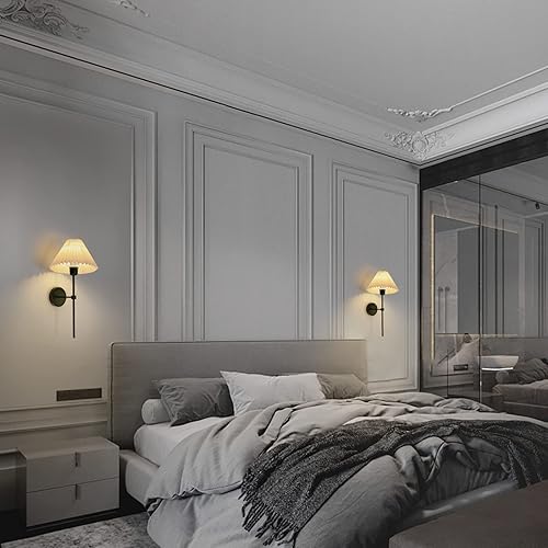 Miniatura 9 de KELUOLY Juego de 2 apliques de pared de tela blanca, lámpara de pared negra mate, soporte de columna, iluminación de pared, tocador de baño, lámpara