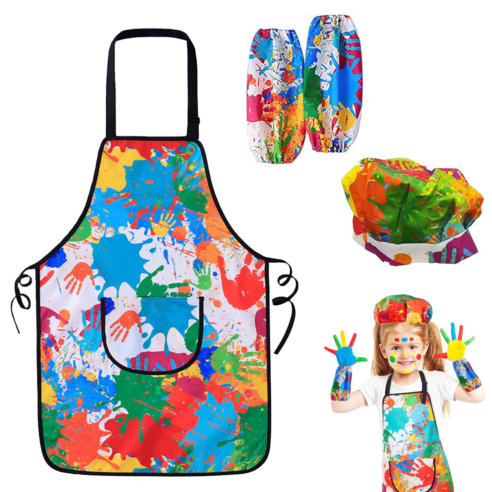 Elfinfi Delantal Niño, Ajustable Delantal Niña, Reutilizable Delantal Infantil con Gorro de Cocinero y 2 Mangas, Delantal Niño con Bolsillos para Manualidades, Pintar, Hornear, Cocinar, Niñas y Niños