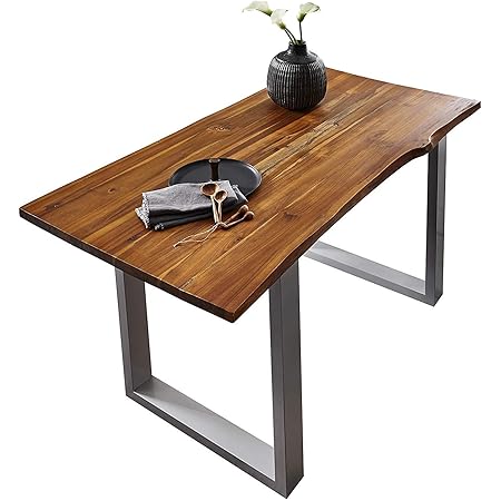 Massivholz Esstisch Akazie 140x80cm - Baumkantentisch Mit Spider-Gestell