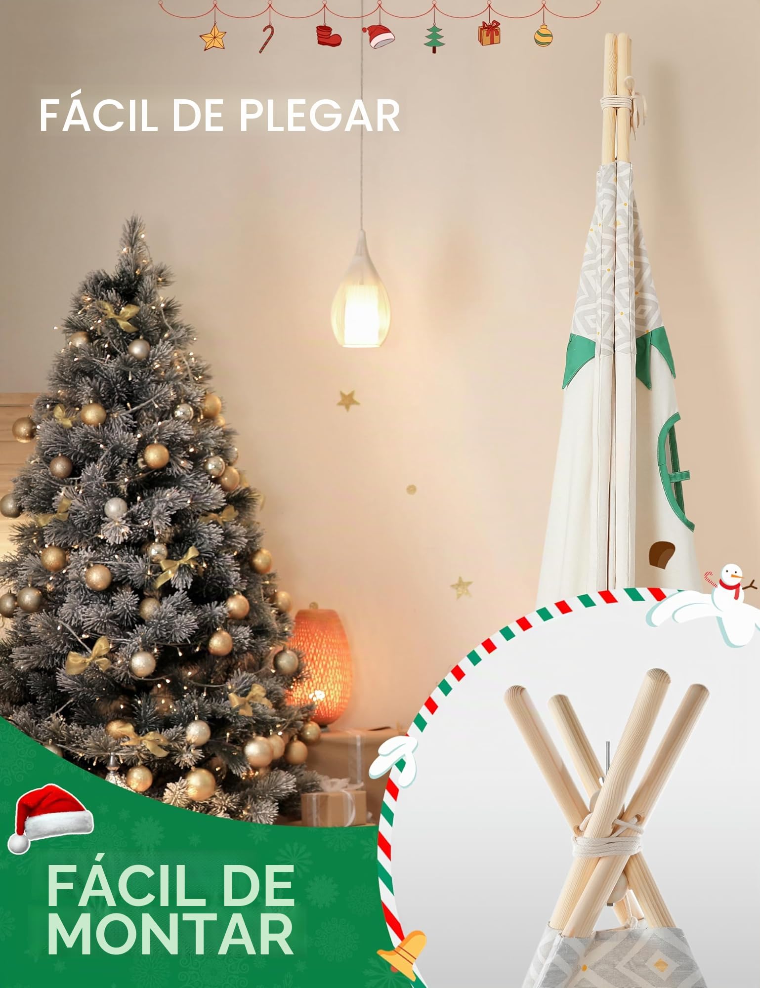besrey Tipi Infantil Indio para Niños Tienda de Campaña Infantil Canvas Tipi de algodón con Alfombra Acolchado y Luces de Hadas (Verde y Blanco)