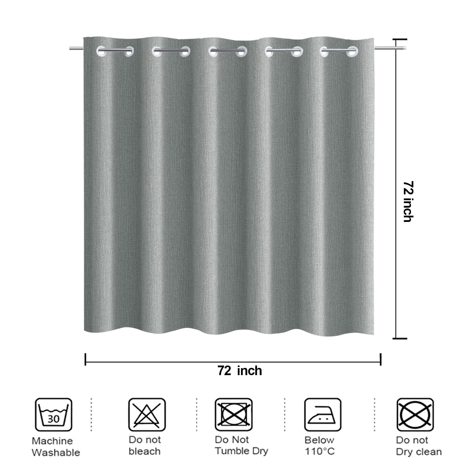 YISURE Rideau de douche gris sans crochet de style lin, rideau de douche en tissu robuste pour salle de bain, pas de crochets nécessaires, lavable en machine, 183 x 183 cm