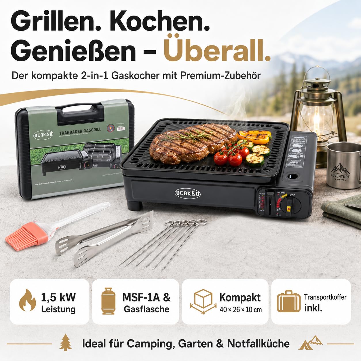 Gasgrill Camping mit 8 Kartuschen Grillplatte Grillrost + Schaschlikpieße