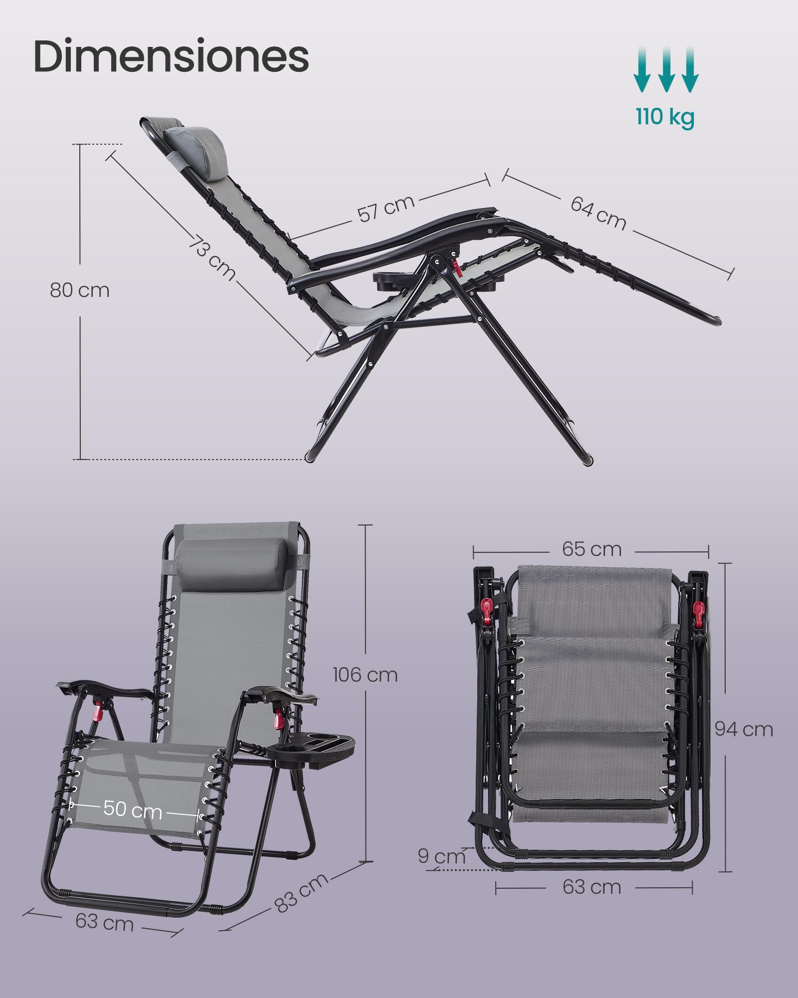 SONGMICS Juego de 2 Tumbonas Plegables, Sillas de Gravedad Cero, Tumbonas Reclinables, Carga de 110 kg por Silla, Reposacabezas Ajustable, Bandeja, para Terraza, Jardín, Gris Oscuro GLB032GZ02