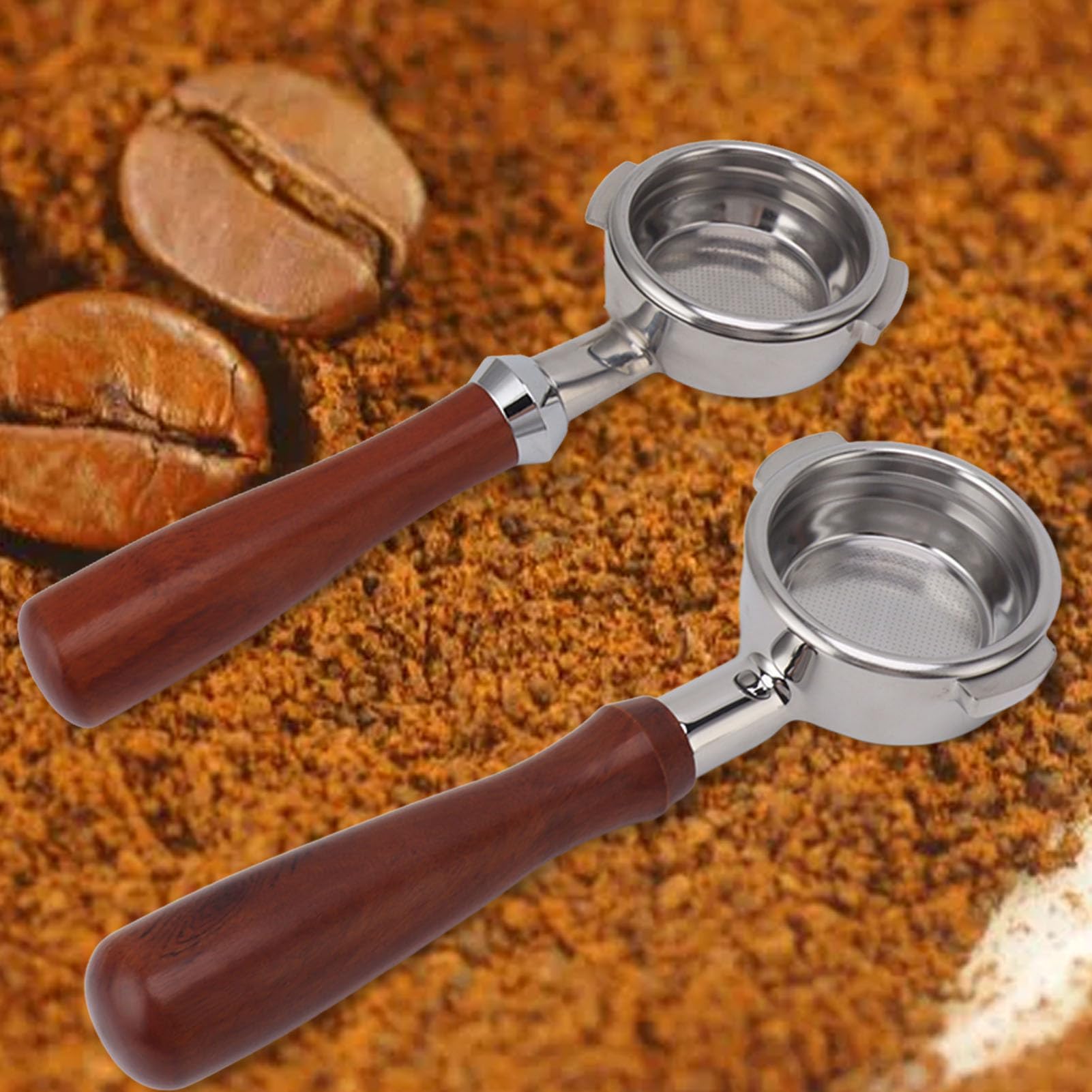 Portafiltro Nudo Senza Fondo per Adatto a Express, Pro, Touch, Infuser e Temp Pro, Prodotti da caffè con Cestello Filtrante in Acciaio Inossidabile e Manico in Legno