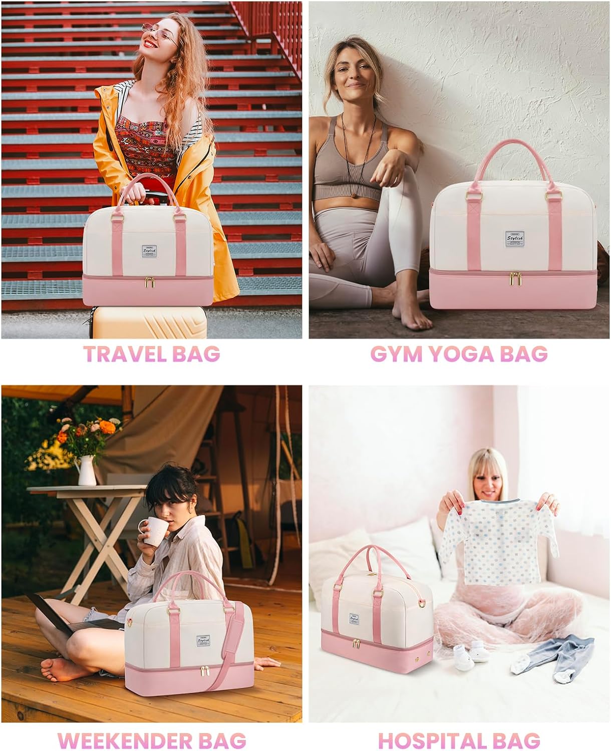 Weekender Travel Duffle Bag for Women: Overnight Bags with Shoe Compartment Carry on Bags for Airplanes with Toiletry Bag Yoga Gym Bag with Wet Pocket Travel Duffel Tote Bag Hospital Bag Pink Beige - Image 6