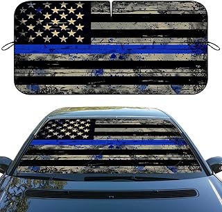 Thin Blue Line USA Flag Car Windshield Sunshade Folding Retro Police Heatshield Front Window Car Sun ​Shade Windshield Rays Sun Shade Visor Protector for Car Sedan Truck SUV Accessories 59x31.5 Inch