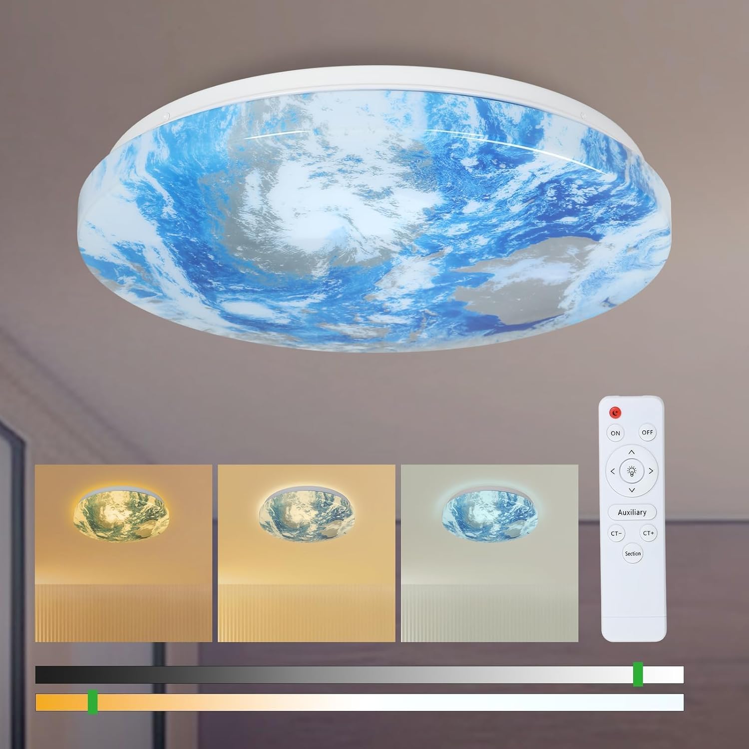 15in Dimmable Earth Ceiling Light Fixture 36W with Remote, 3000K/4000K/6500K Dimmable Flush Mount Kids Ceiling Light, Wall Mount Earth Light for Kids Room, Bedroom, Study Room, Aisle(Blue)