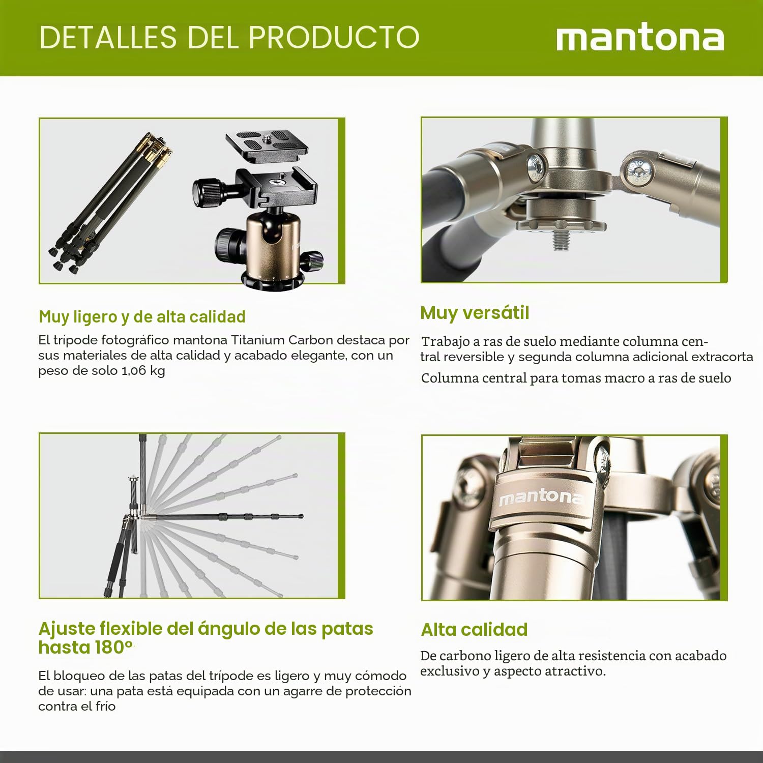 Mantona Titanium Carbon Stativ - Trípode Completo, Gris metálico