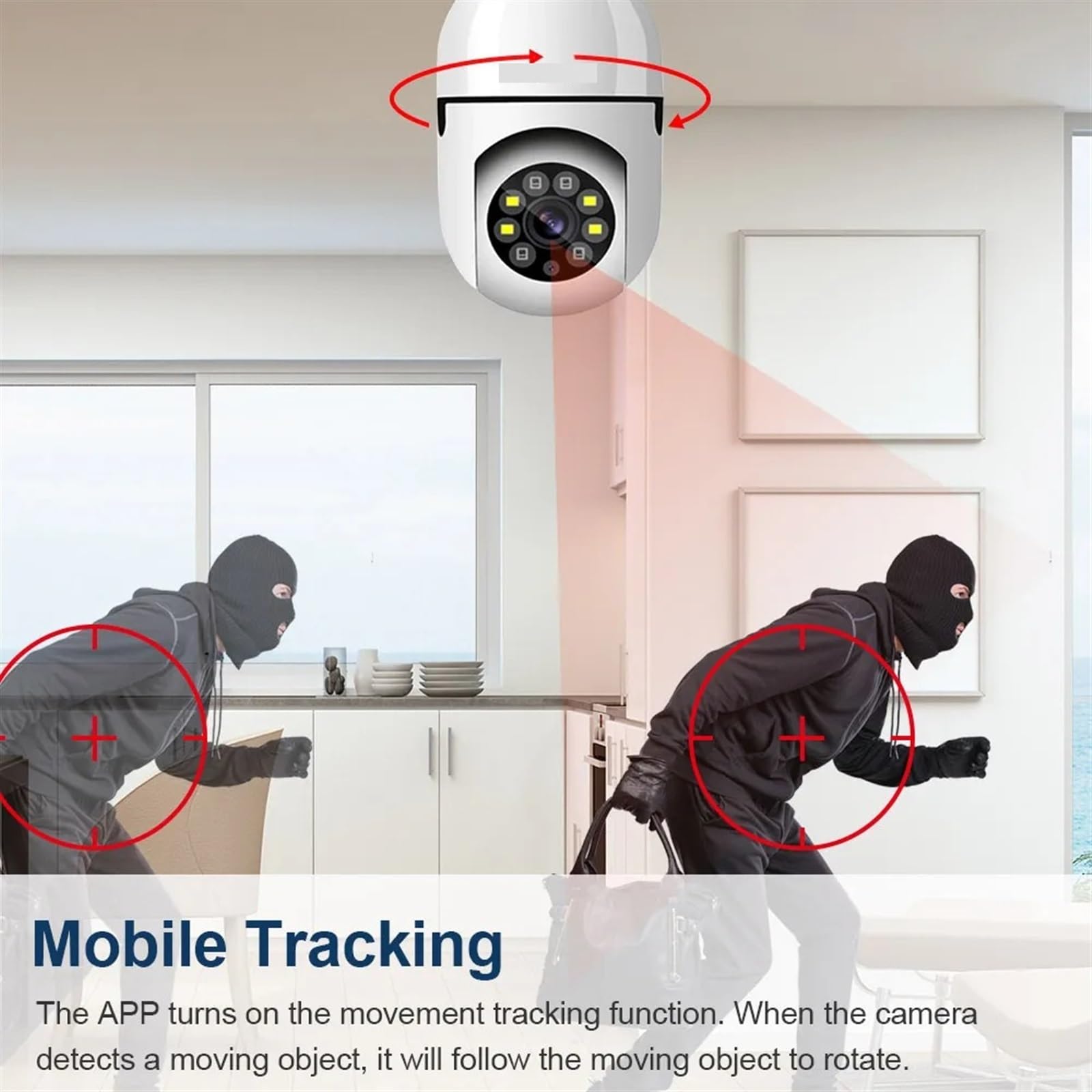 Telecamera Wifi Esterno, 1080P HD Wireless Lampadina Telecamera di sicurezza Visione notturna a colori Audio bidirezionale Tracciamento automatico Telecamera PTZ domestica ,Sicurezza, Antifurto(1080P