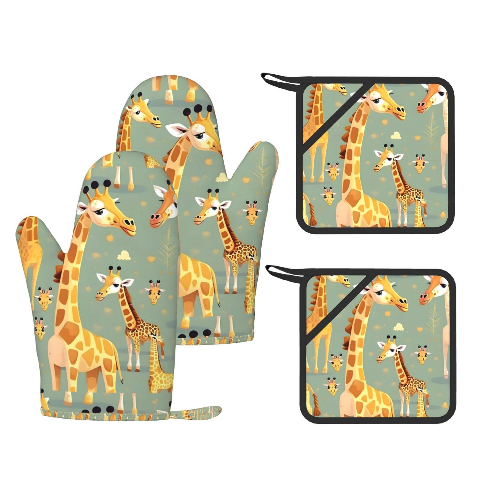 Cute Wild Cartoon Giraffes Print Kitchen Heat Resistant Set,Cooking Kit With Hanging Loop For Baking & Bbq
