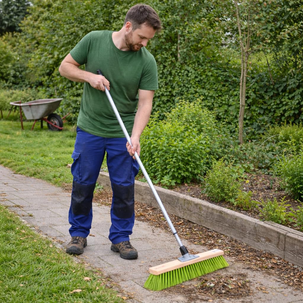 Profi Gartenbesen Besen 40cm mit Teleskopstiel Stiel neon-grüne Borsten | Formstabile und Robuste Elaston-Borsten, Neon-Grün, Straßenbesen für Garten, Haus und Hof