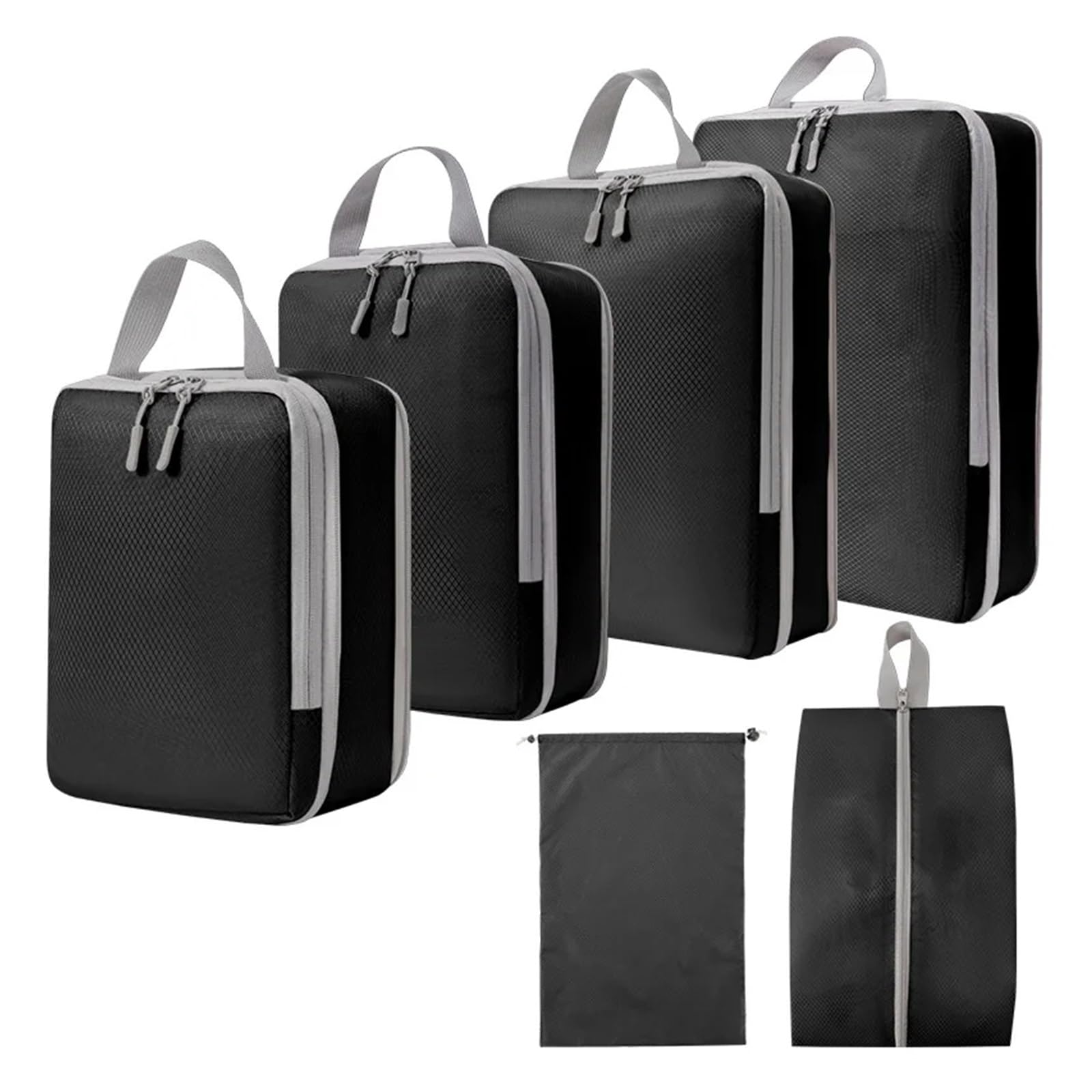 Packwürfel Set/6 Stück komprimierbare Reise-Aufbewahrungstasche Würfel wasserdichter Koffer Nylon tragbar mit Handtasche Gepäck Organizer(6pcs BLACK)