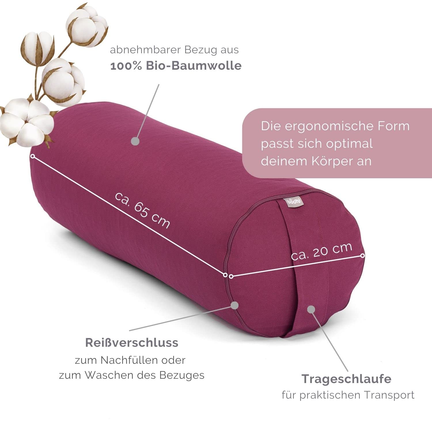 Bodhi | Yoga Bolster ECO | 100% cotone biologico | Rullo yoga con riempimento biologico di farro | Lavabile | Cuscino rotondo per esercizi di yoga restorativi, grande 65 x 20 cm