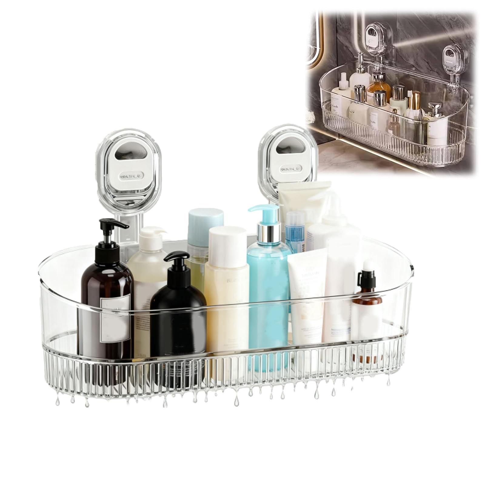 BOUSEPO No-Drill Bathroom Suction Storage Box Suction Cup Shower Caddy Large Capacity Strong Load-Bearing Glacier Pattern Organizers and