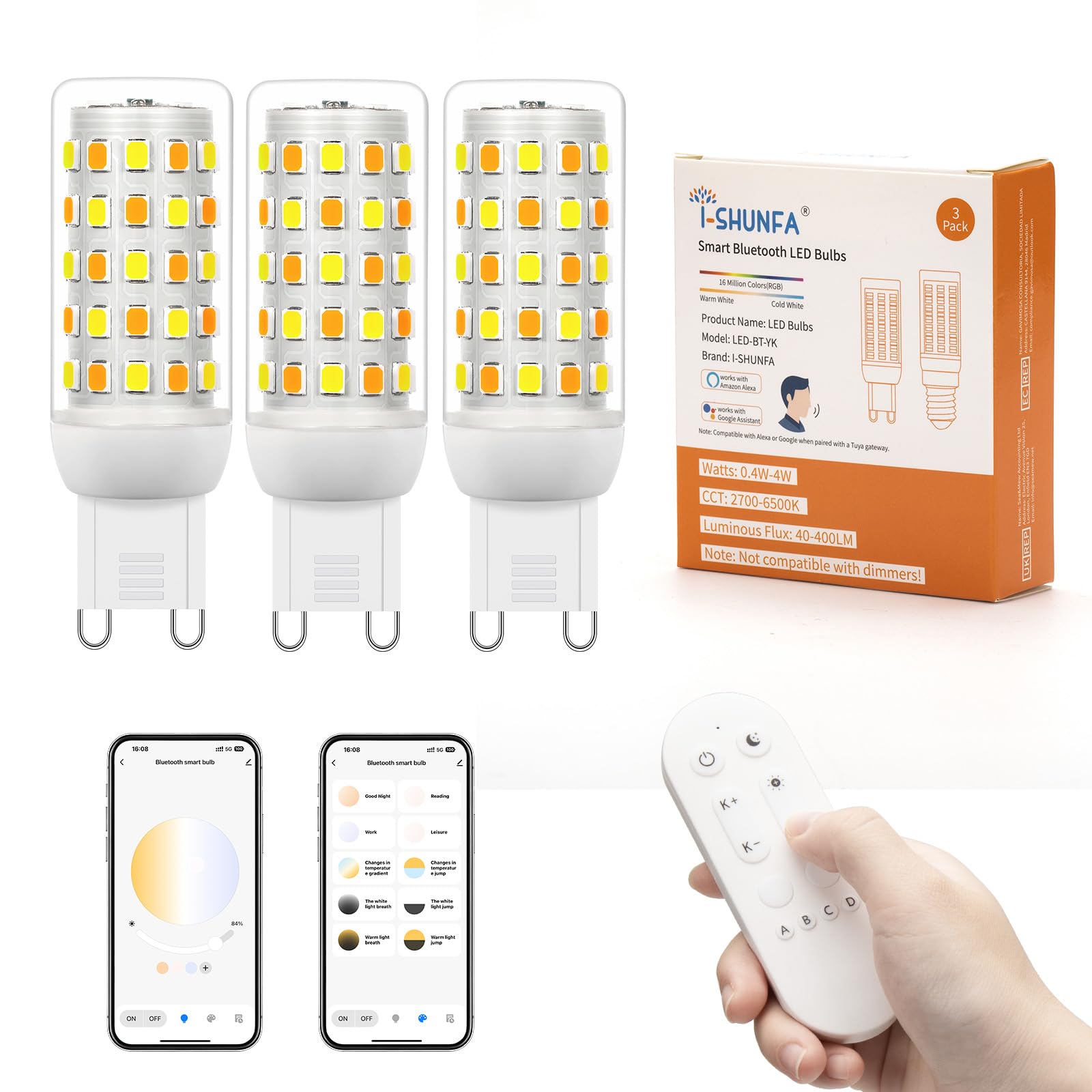 Wi-Fi RGBCW Smart G9 LED Lampen,Kompatibel mit Alexa /Google Home,AC 230V Mehrfarbrige dimmbare,2700K-6500K,Helligkeit einstellbar 1%-100%,4W,400LM,mit Musiksynchronisation LED Glühbirne,2er Pack